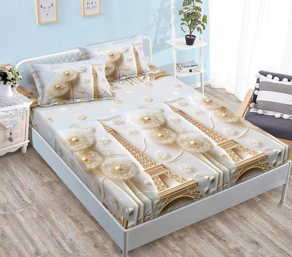 Huse cu Elastic Bumbac Satinat Pat Dublu Albe Gri Papadii Aurii CF580
