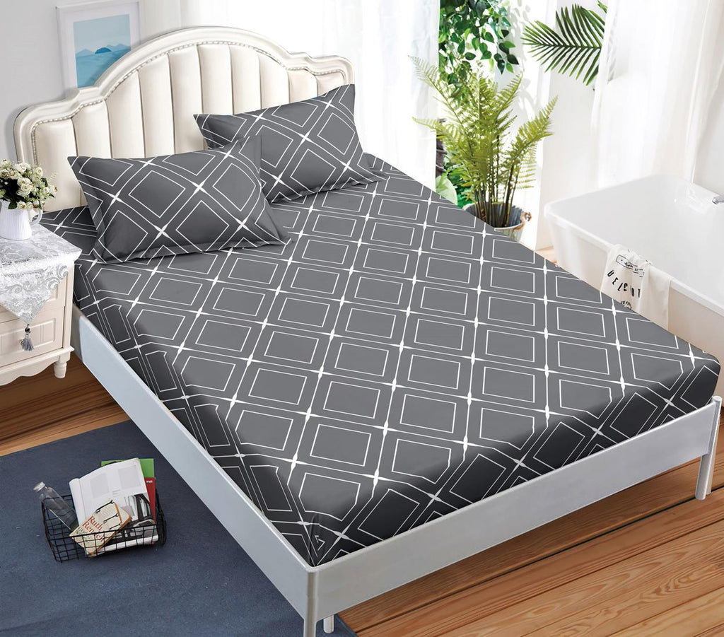 Huse cu Elastic Bumbac Satinat Pat Dublu Gri Forme Geometrice CF508