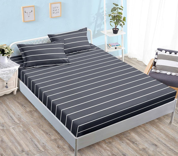 Huse cu Elastic Bumbac Satinat Pat Dublu Gri Inchis Dungi CF549