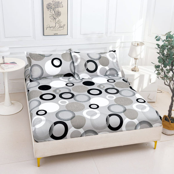 huse cu elastic bumbac satinat pat dublu gri negru alb buline cercuri CF816