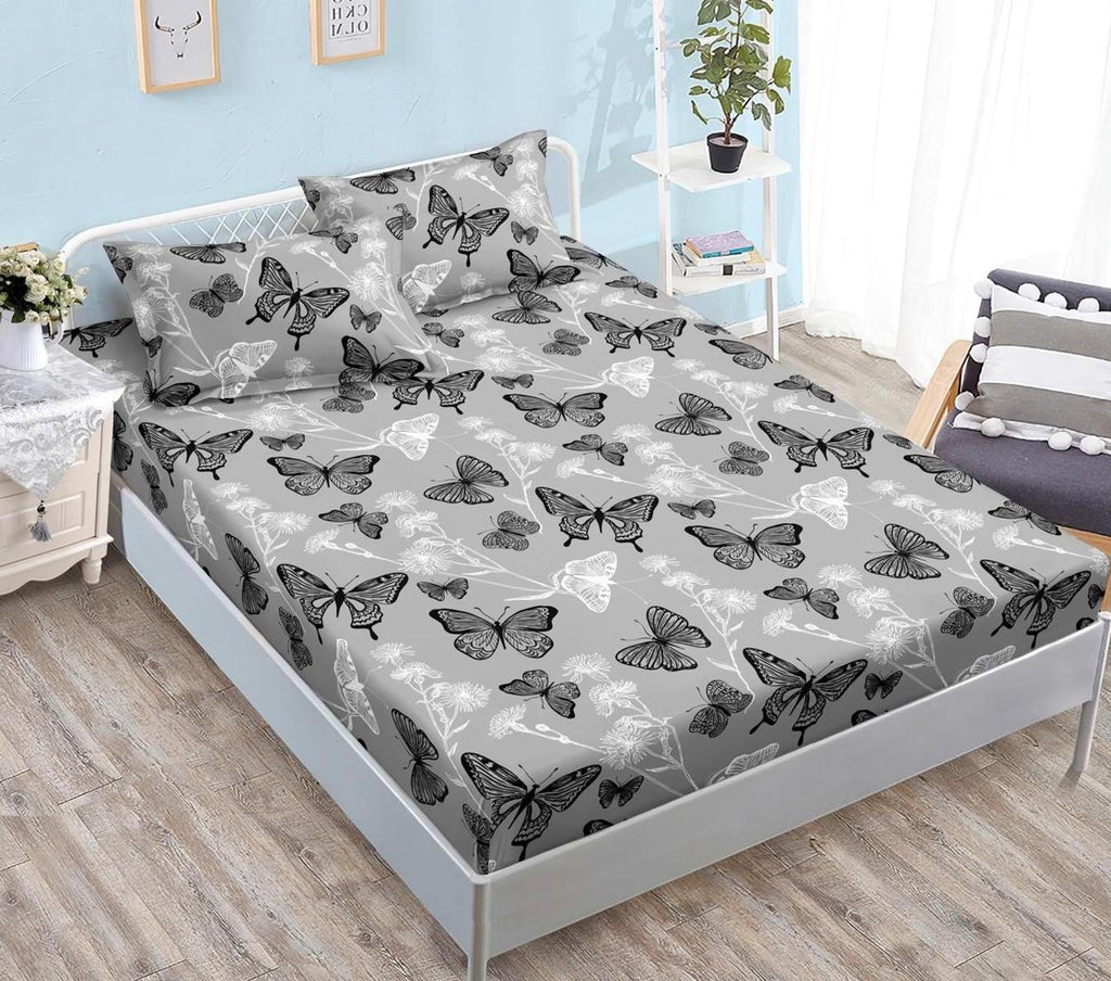 Huse cu Elastic Bumbac Satinat Pat Dublu Gri Negre Fluturi CF581