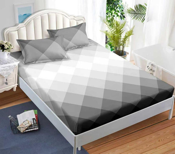 Huse cu Elastic Bumbac Satinat Pat Dublu Gri Negre Geometrice CF571