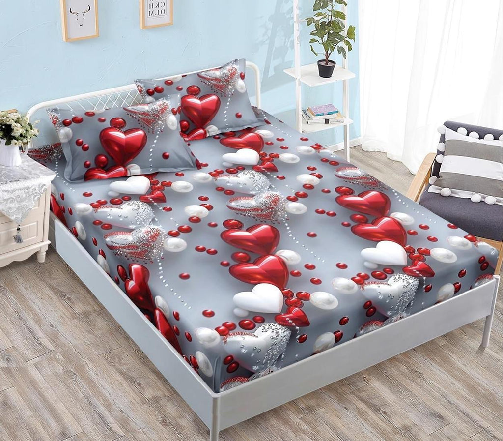 Huse cu Elastic Bumbac Satinat Pat Dublu Gri Rosii Inimioare CF566