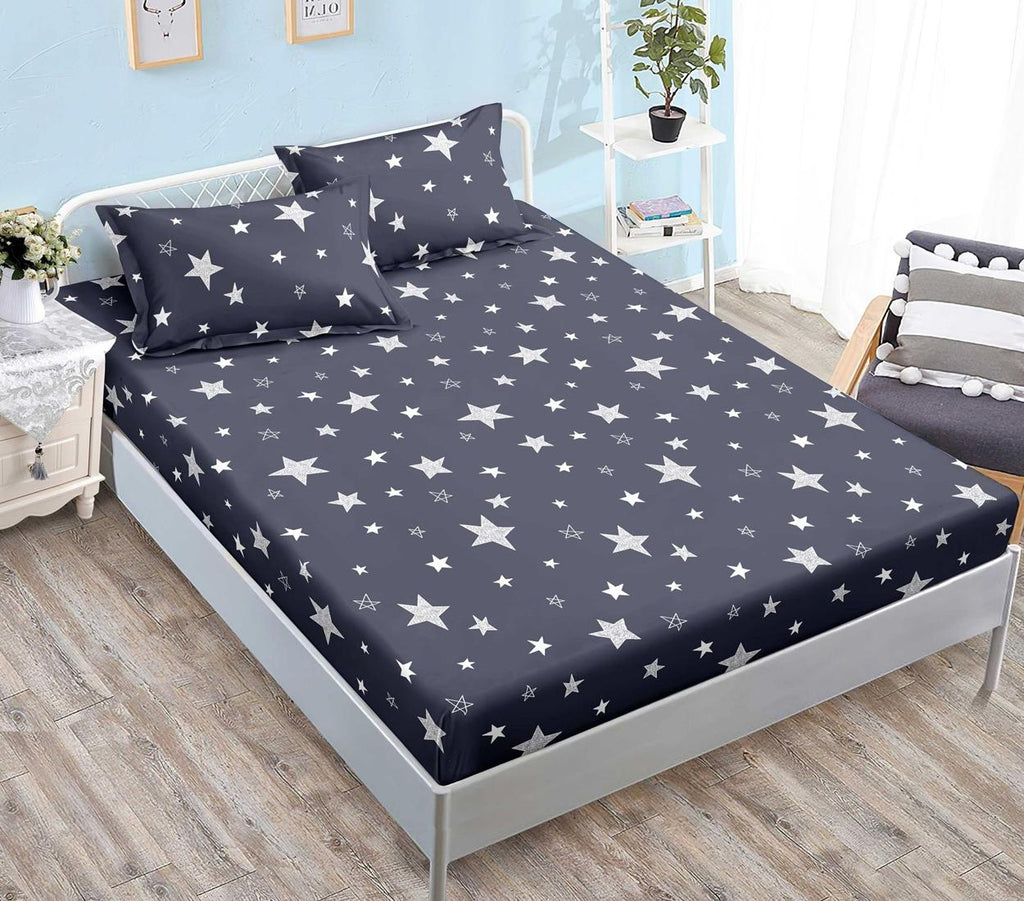 Huse cu Elastic Bumbac Satinat Pat Dublu Gri Inchis Stelute CF534
