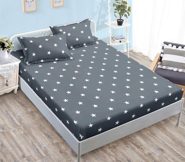 Huse cu Elastic Bumbac Satinat Pat Dublu Gri Stelute CF546