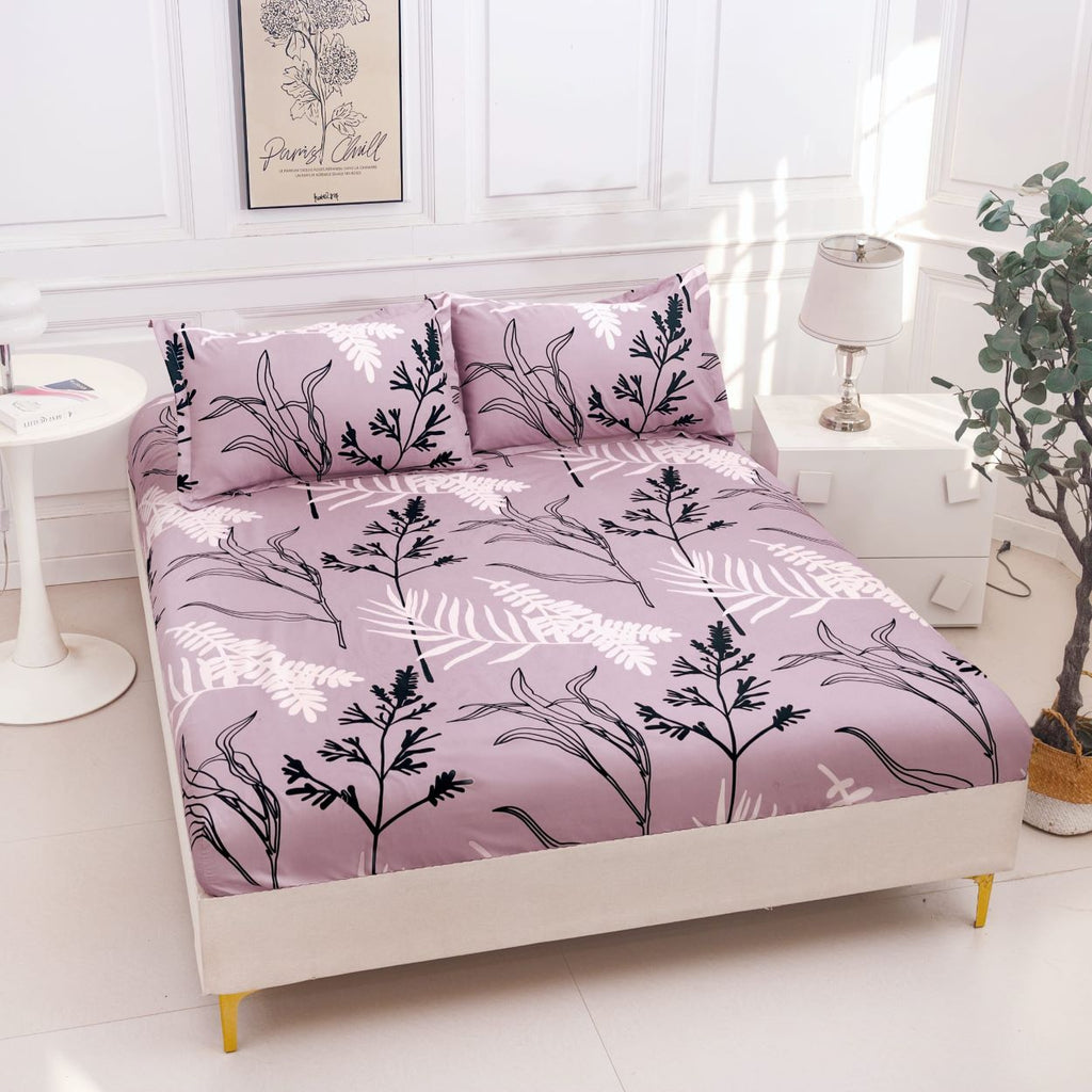 huse cu elastic bumbac satinat pat dublu lila negru crengute frunze CF825