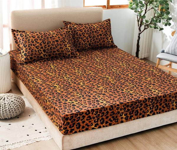 Huse cu Elastic Bumbac Satinat Pat Dublu Maro Leopard CF83