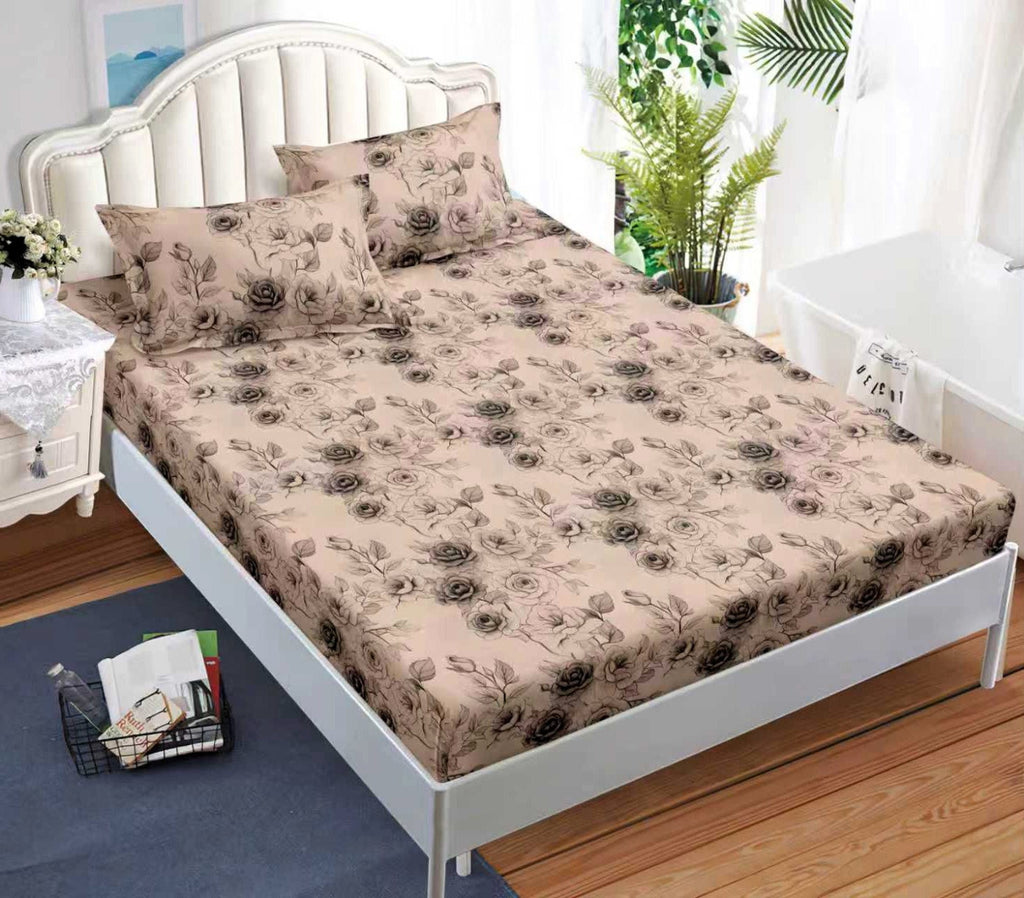 cearceaf elastic 180x200 bumbac satinat maro flori CF596