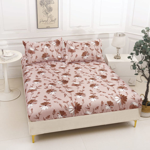 huse cu elastic bumbac satinat pat dublu maro alb flori CF800