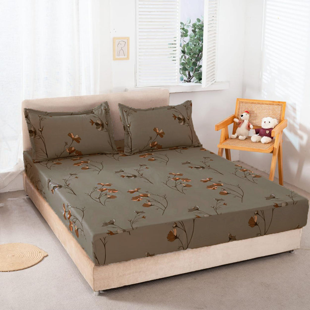 Huse cu Elastic Bumbac Satinat Pat Dublu Maro Flori CF55