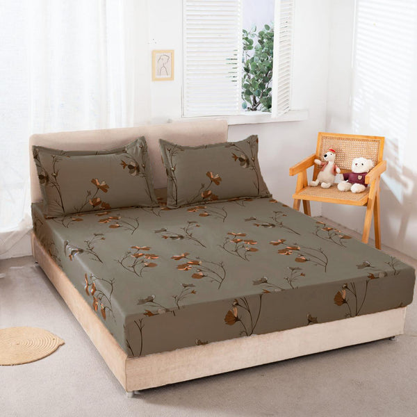Huse cu Elastic Bumbac Satinat Pat Dublu Maro Flori CF55