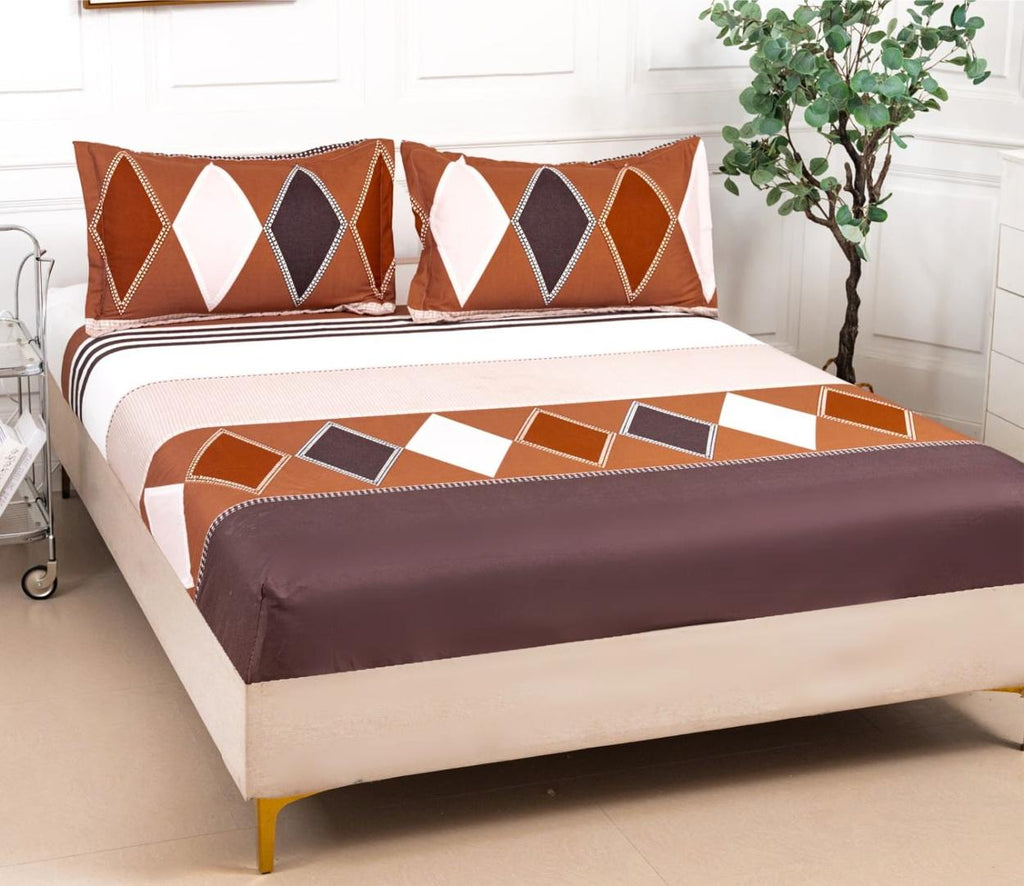 Huse cu Elastic Bumbac Satinat Pat Dublu Maro Forme Geometrice CF230