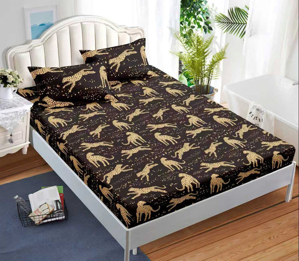 cearceaf elastic 180x200 bumbac satinat maro leopard CF603
