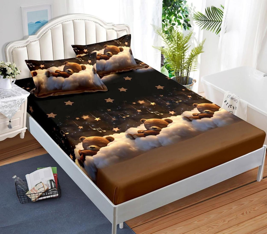 Huse cu Elastic Bumbac Satinat Pat Dublu maro ursi ursuleti copii CF588