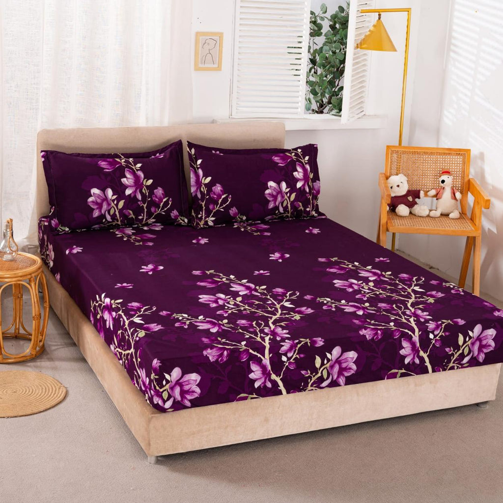 Huse cu Elastic Bumbac Satinat Pat Dublu Mov Floral CF59