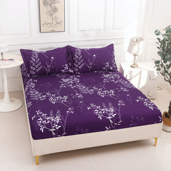 huse cu elastic bumbac satinat pat dublu mov alb frunze CF809