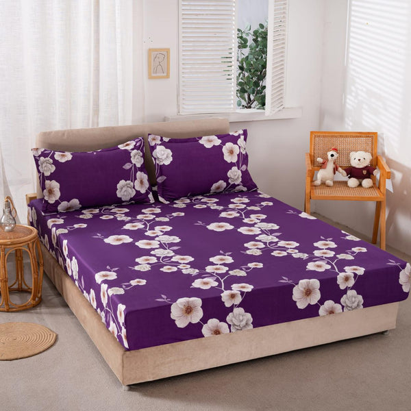 Huse cu Elastic Bumbac Satinat Pat Dublu Mov Floral CF80