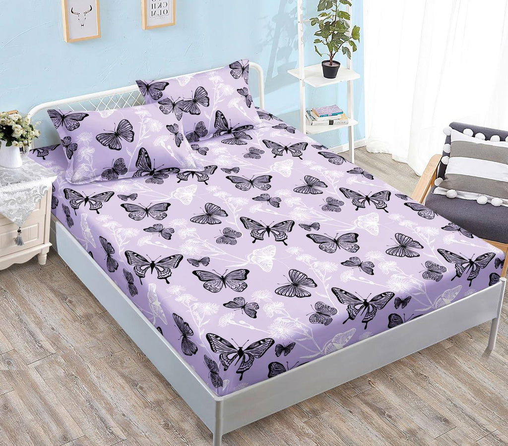 Huse cu Elastic Bumbac Satinat Pat Dublu Mov Fluturasi CF518
