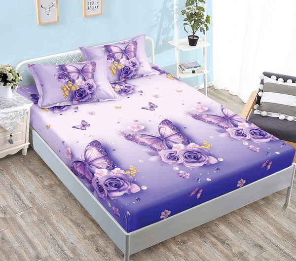 cearceaf elastic 180x200 bumbac satinat mov fluturi CF586