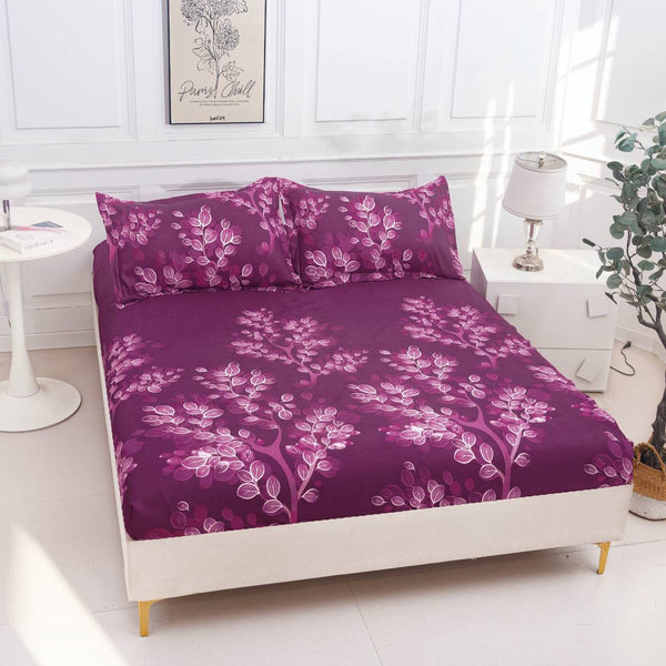 huse cu elastic bumbac satinat pat dublu mov copac frunze CF804