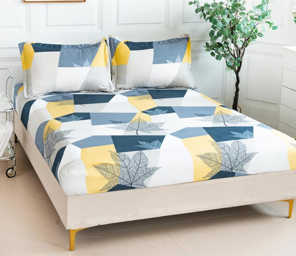 Huse cu Elastic Bumbac Satinat Pat Dublu Albastre Geometric CF206