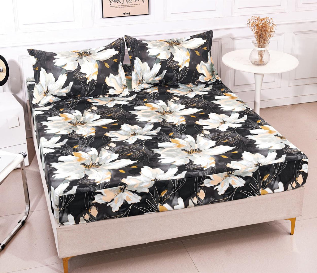 Huse cu Elastic Bumbac Satinat Pat Dublu Negre Floral CF256