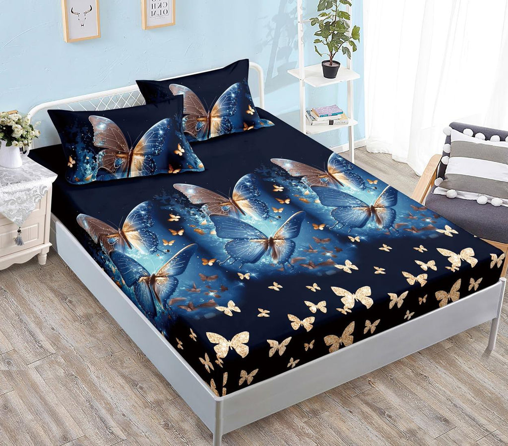 Huse cu Elastic Bumbac Satinat Pat Dublu Negre Fluturasi CF523