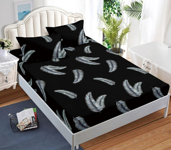 Huse cu Elastic Bumbac Satinat Pat Dublu Negre Frunze CF524