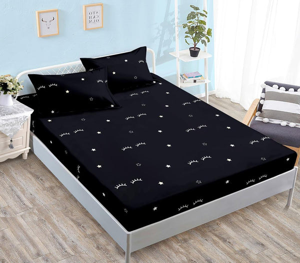 Huse cu Elastic Bumbac Satinat Pat Dublu Negre Gene Stele CF551