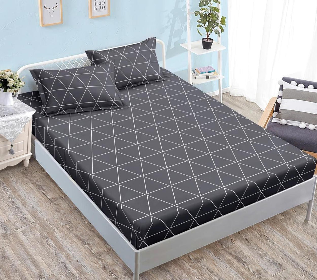 Huse cu Elastic Bumbac Satinat Pat Dublu Gri Geometrice CF556