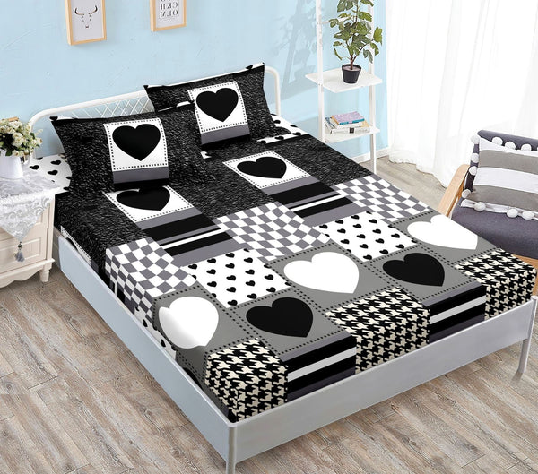 cearceaf elastic 180x200 bumbac satinat negru inimioare CF607