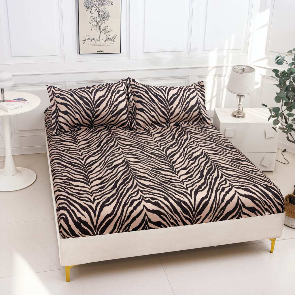 huse cu elastic bumbac satinat pat dublu maro negru animal print CF817