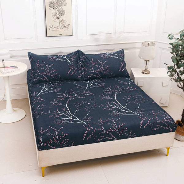 huse cu elastic bumbac satinat pat dublu negru alb roz crengute flori CF801