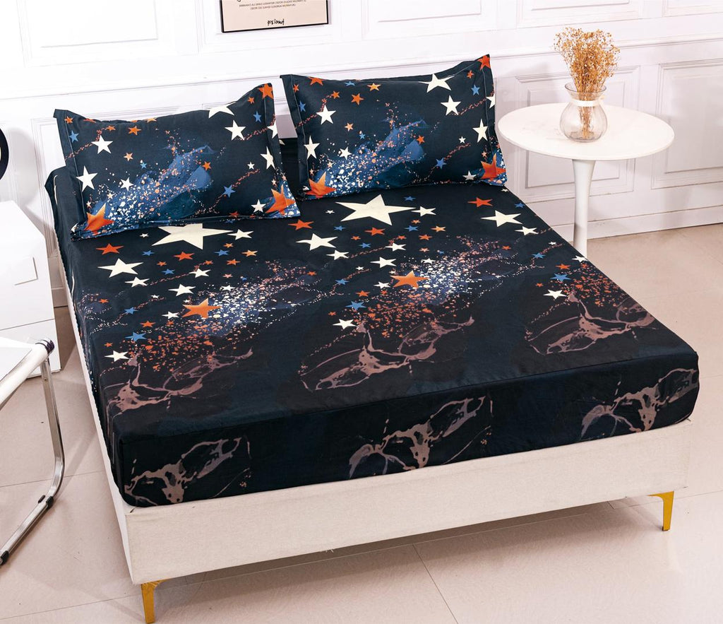 Huse cu Elastic Bumbac Satinat Pat Dublu Negre Stelute CF253