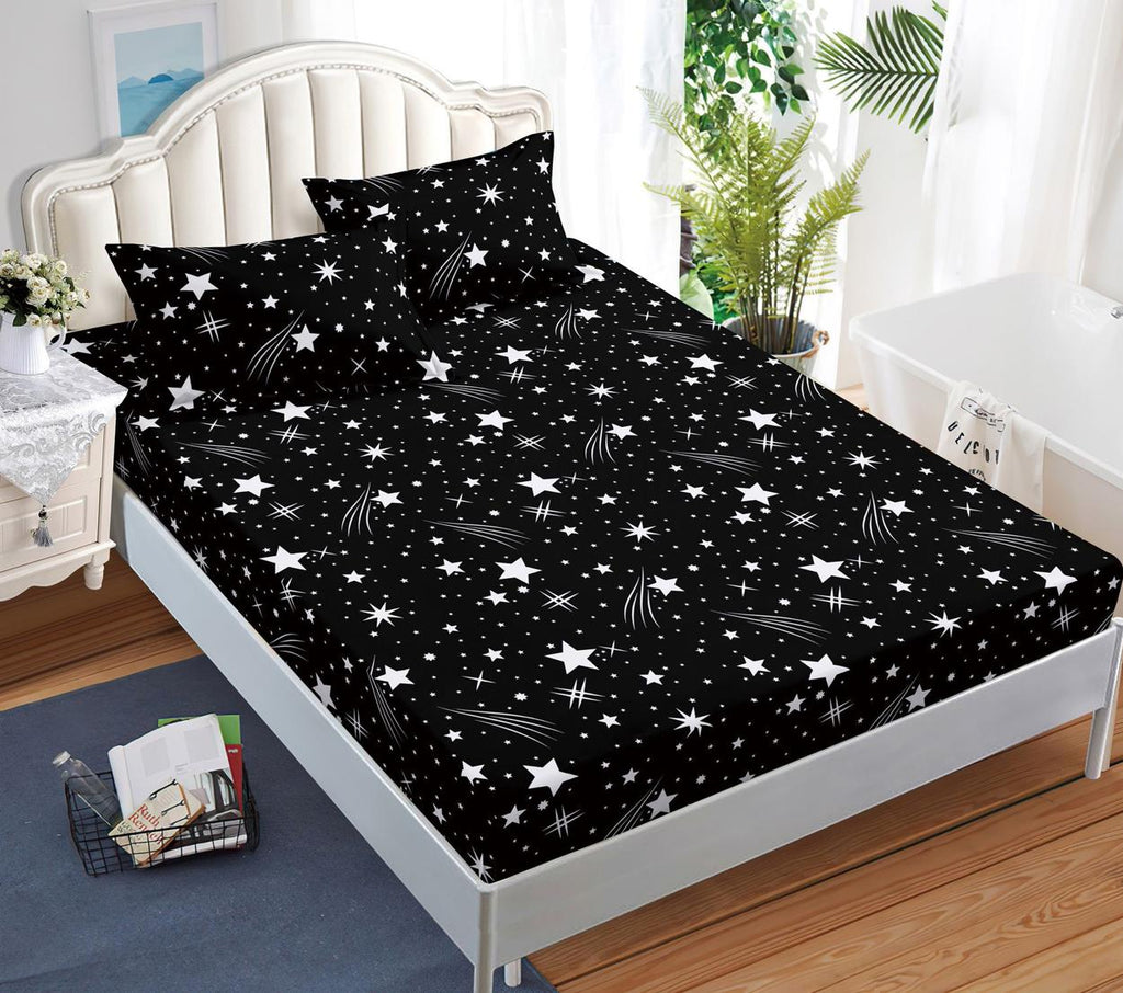 Huse cu Elastic Bumbac Satinat Pat Dublu Negre Stelute CF502