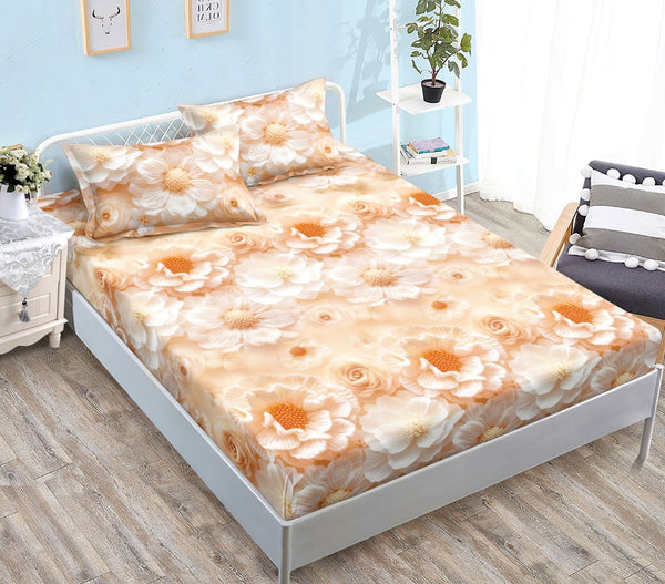 cearceaf elastic 180x200 bumbac satinat portocaliu flori CF606