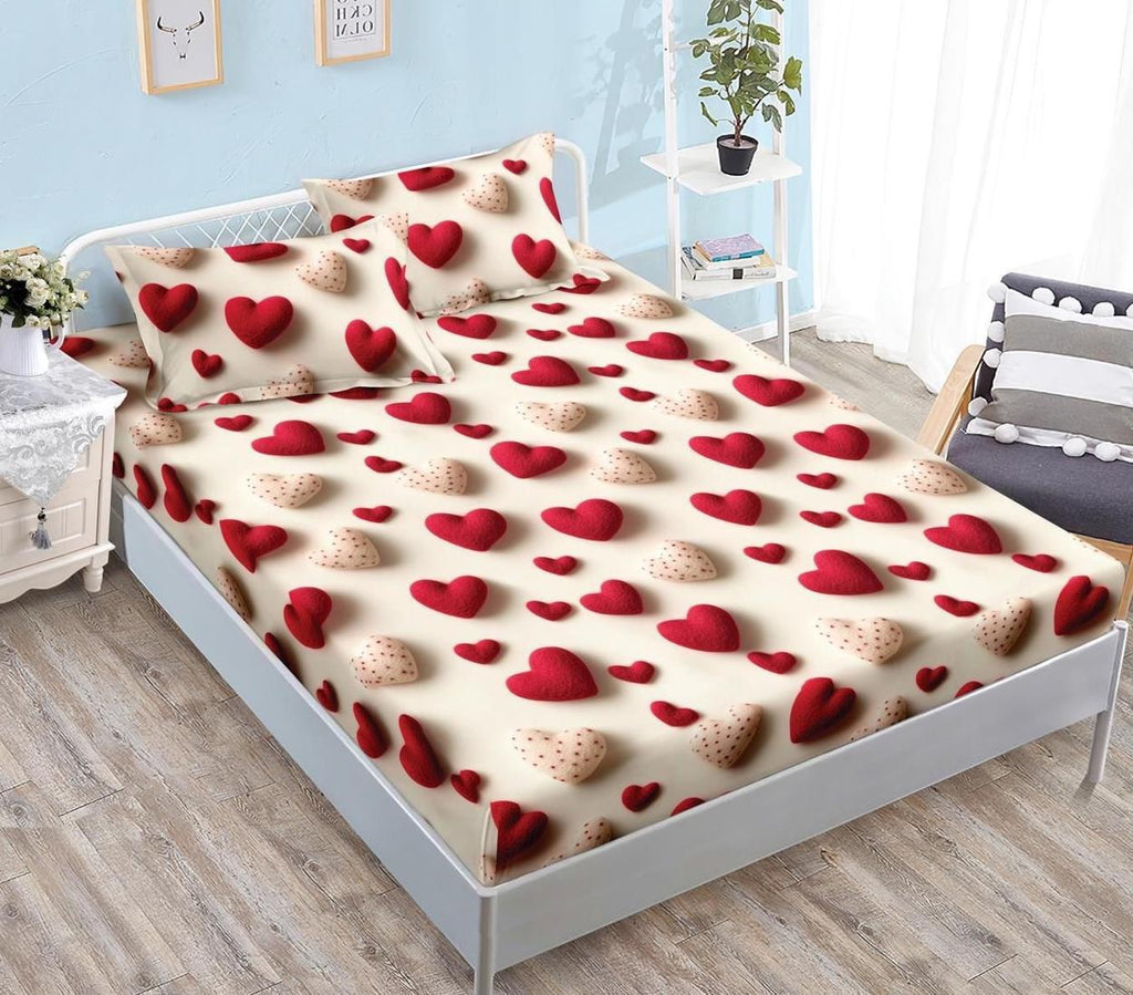 Huse cu Elastic Bumbac Satinat Pat Dublu Bej Inimioare Rosii CF556