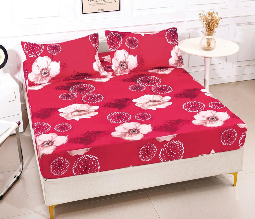 Huse cu Elastic Bumbac Satinat Pat Dublu Rosii Floral CF255