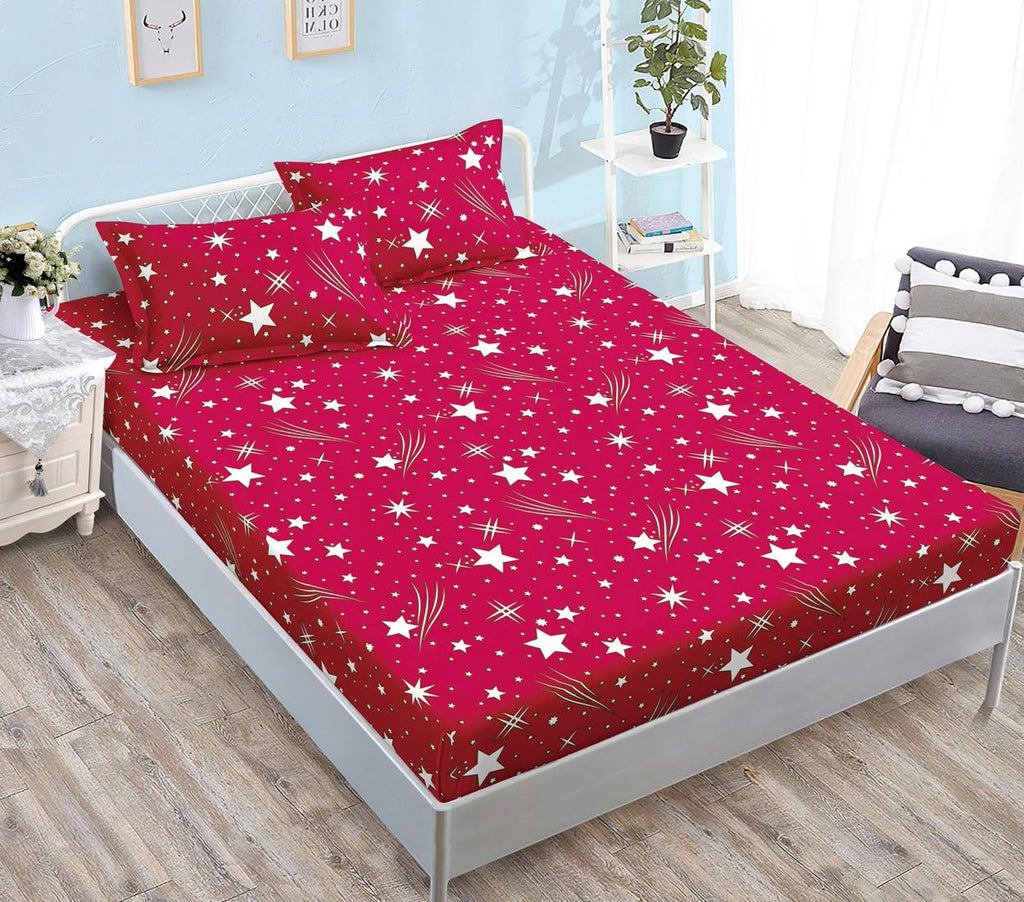 Huse cu Elastic Bumbac Satinat Pat Dublu Rosu Stelute CF525