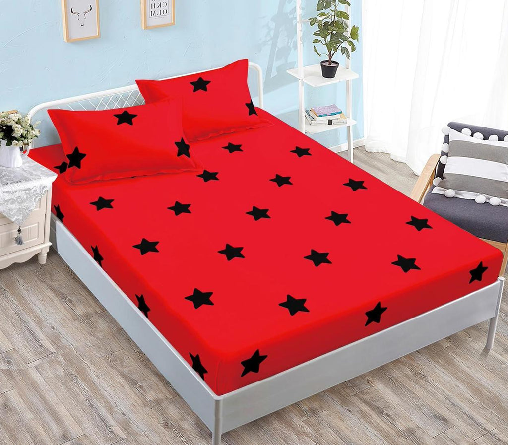 Huse cu Elastic Bumbac Satinat Pat Dublu Rosu Stelute CF532