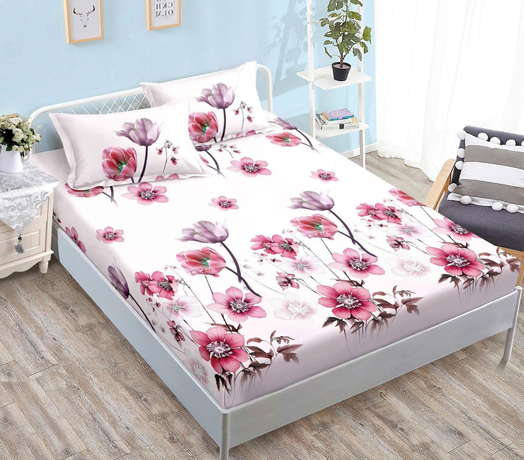 Huse cu Elastic Bumbac Satinat Pat Dublu Roz Floral CF506