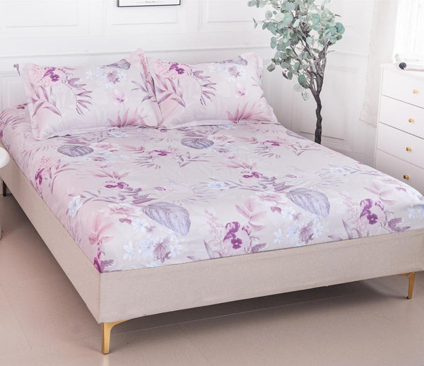 Huse cu Elastic Bumbac Satinat Pat Dublu Roz Floral CF93