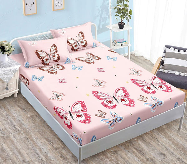 Huse cu Elastic Bumbac Satinat Pat Dublu Roz Fluturasi CF513