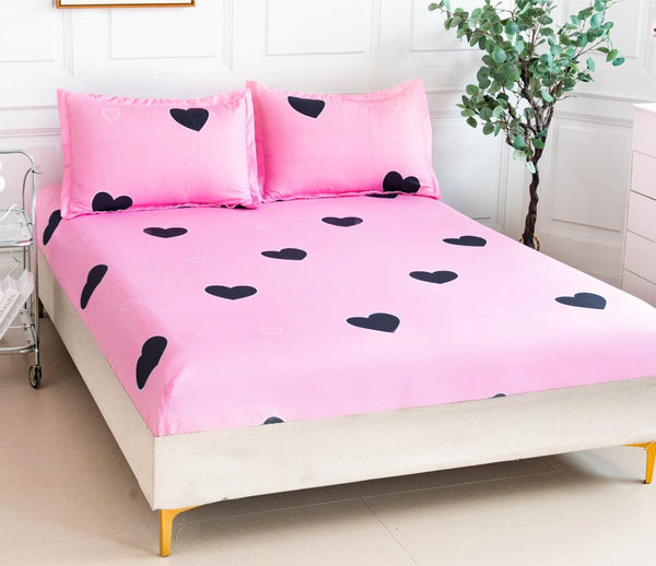 Huse cu Elastic Bumbac Satinat Pat Dublu Roz Inimioare CF214