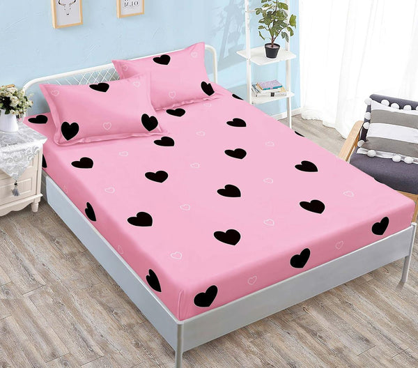Huse cu Elastic Bumbac Satinat Pat Dublu Roz Inimioare CF548