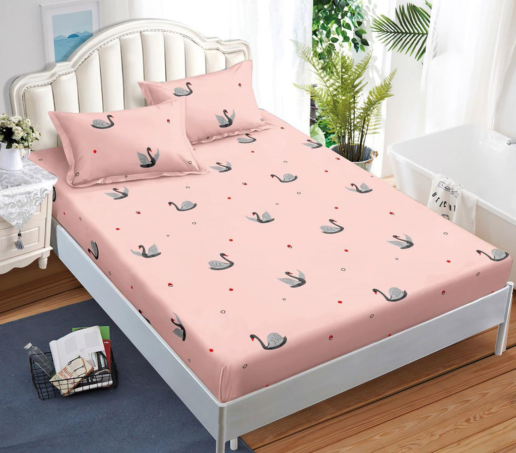 Huse cu Elastic Bumbac Satinat Pat Dublu Roz Lebede CF517