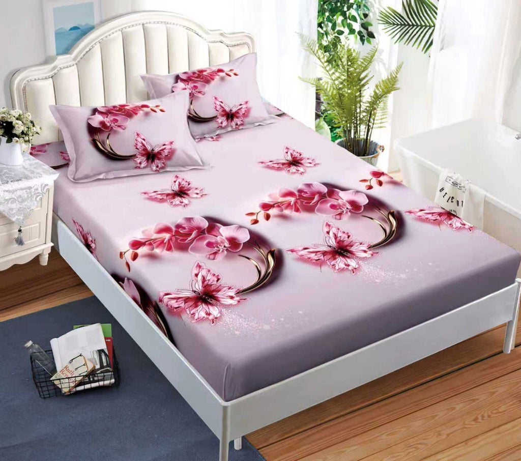 cearceaf elastic 180x200 bumbac satinat roz mov flori CF584
