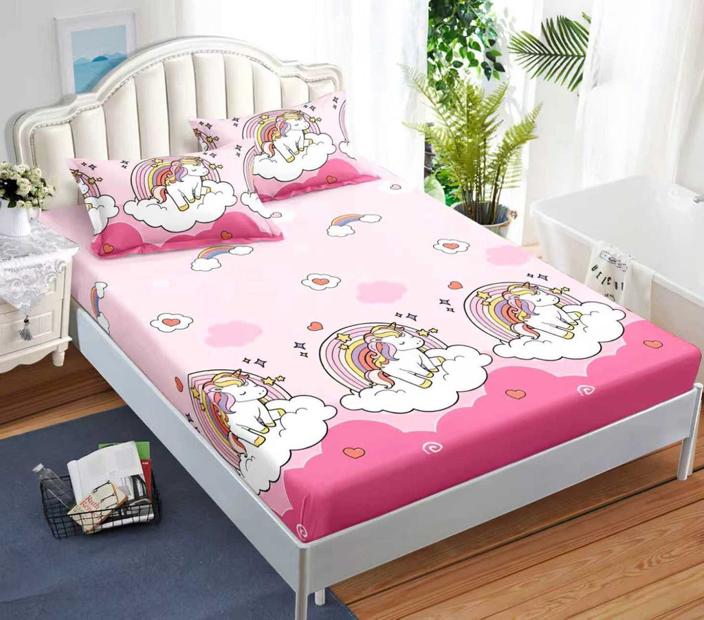 cearceaf elastic 180x200 bumbac satinat roz unicorni CF610