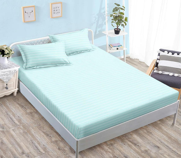 Huse cu Elastic Bumbac Satinat Pat Dublu Bleu Dungi CF542