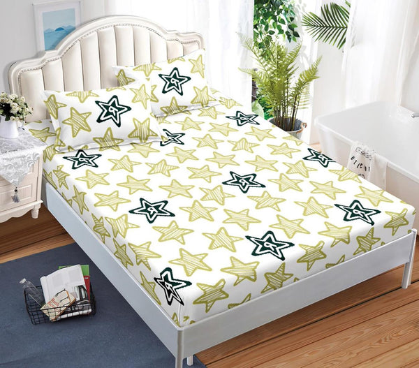 Huse cu Elastic Bumbac Satinat Pat Dublu Albe Stelute CF520